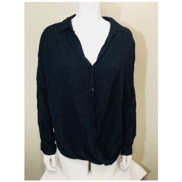BDG Medium Shirt Navy Blue Micro Stripe Blouse Hem - Picture 5 of 8